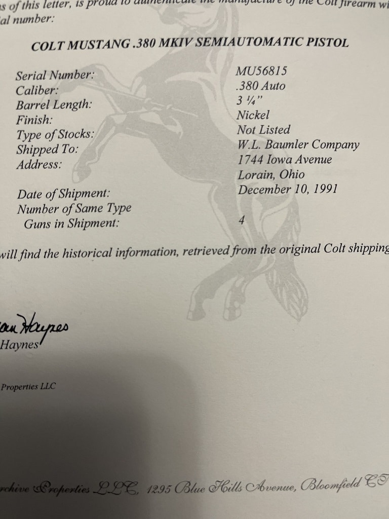 Clot Archive Letter on Colt Mustang .380
