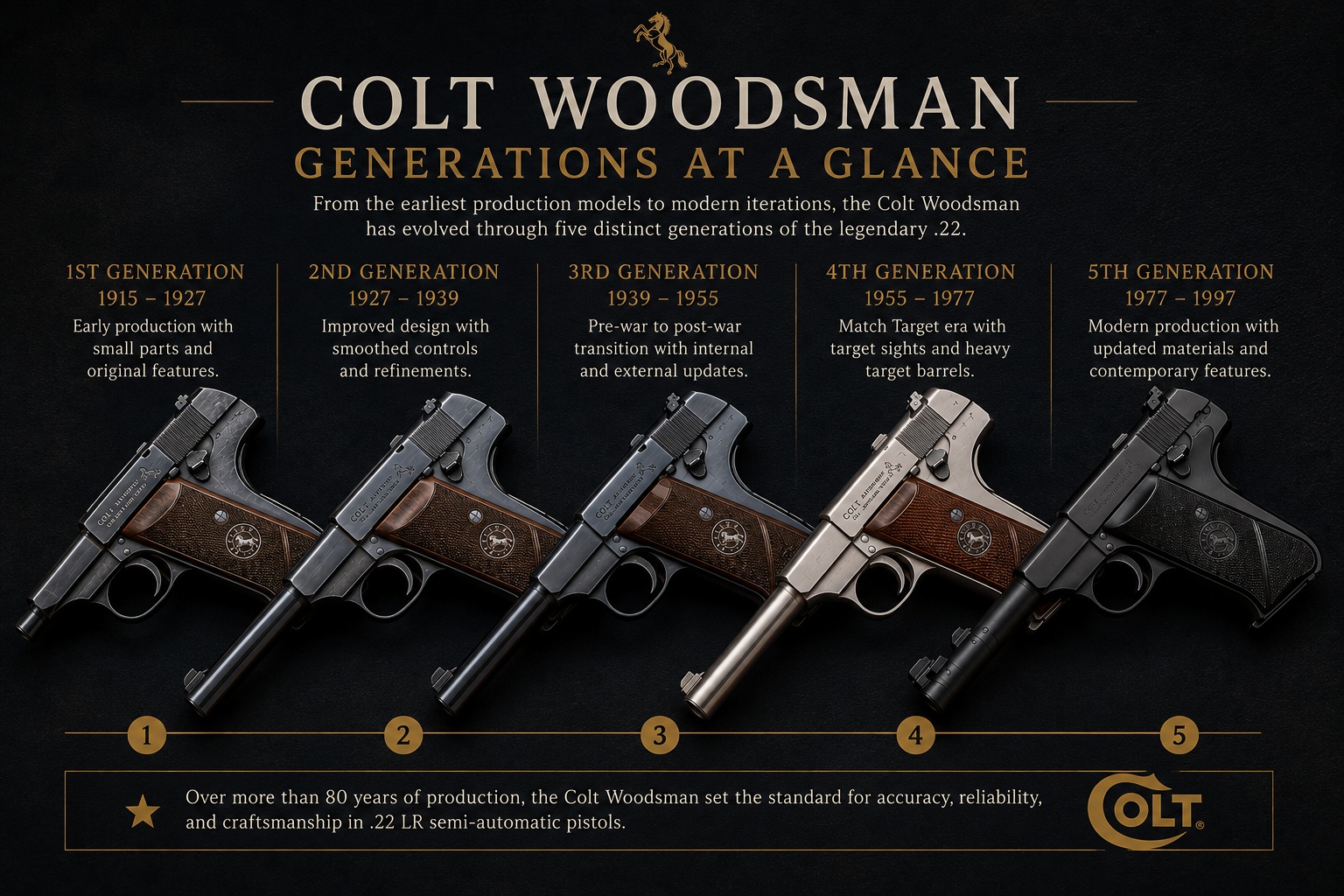 Colt Woodsman generations at a glance with pistol variations