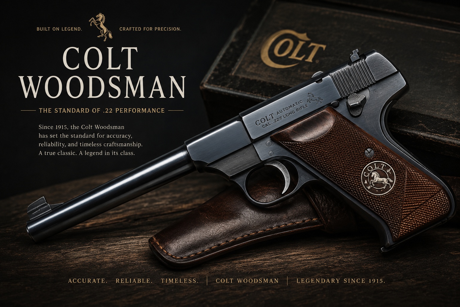 Colt Woodsman pistol on a collector bench