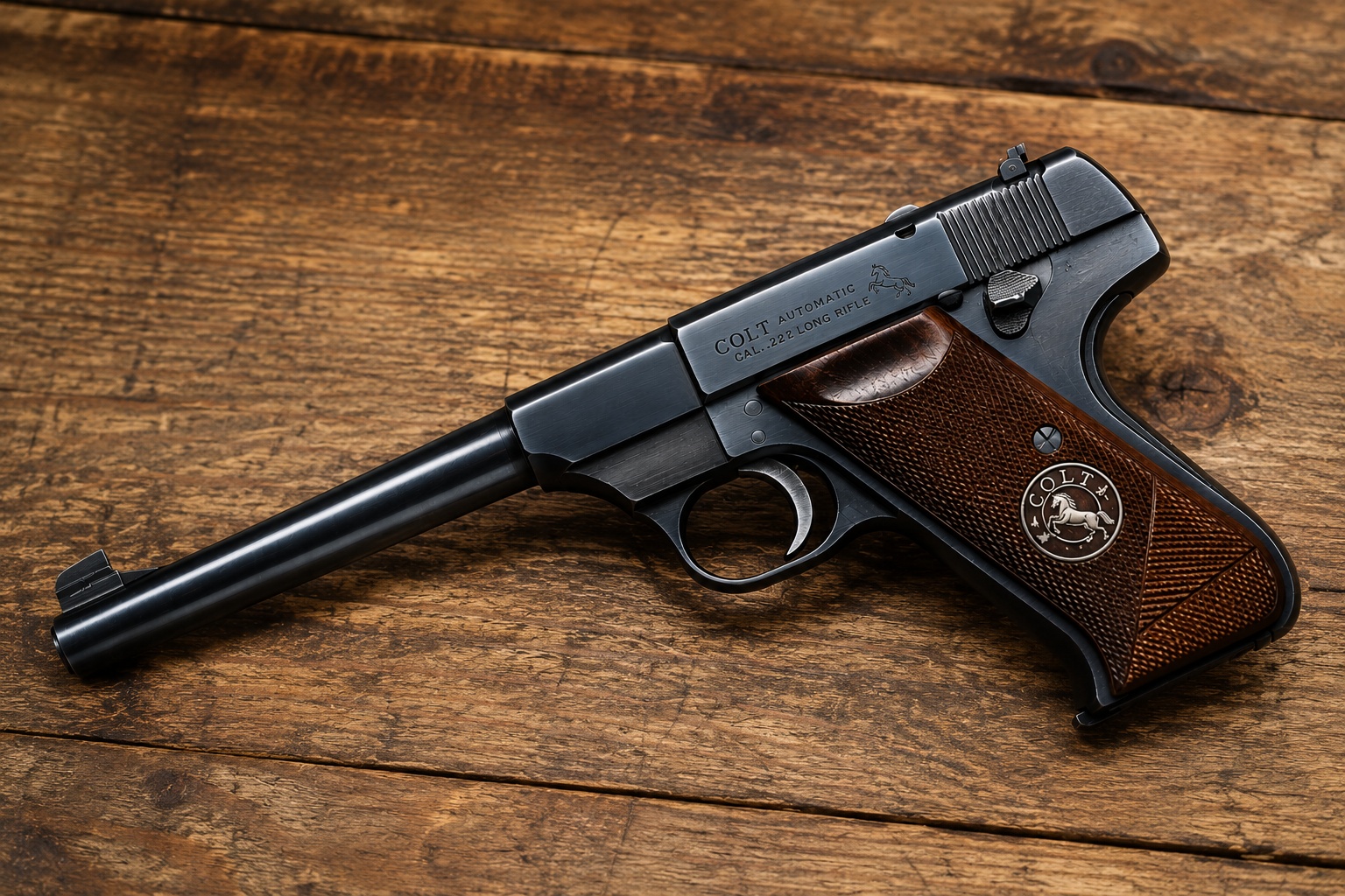Colt Woodsman pistol with classic blued finish and checkered grips