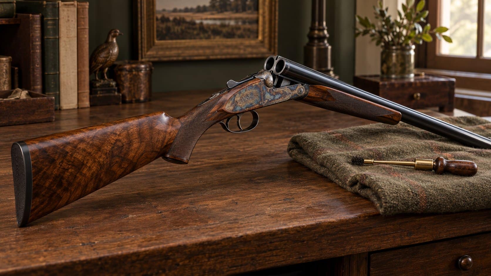 Open and unloaded side-by-side sporting shotgun arranged on a modern collector workbench