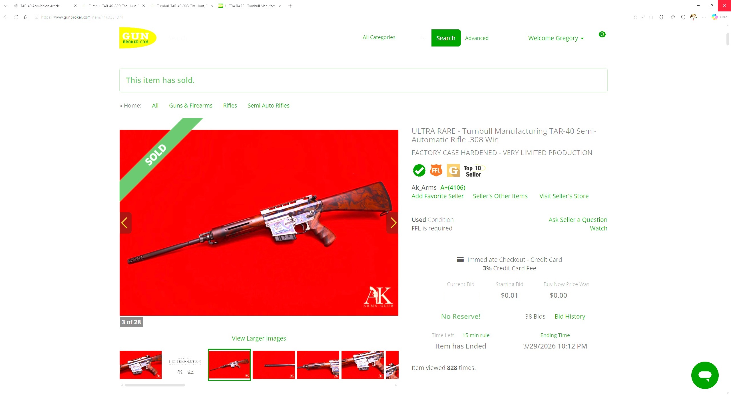 Turnbull TAR-40 auction research and bidding screen