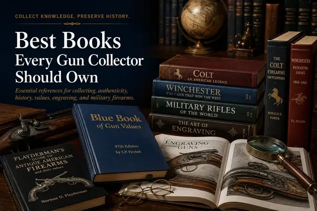 Collector firearm books arranged on a desk