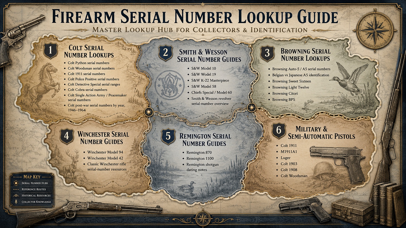 Map-style firearm serial number lookup guide showing Colt, Smith and Wesson, Browning, Winchester, Remington, and military pistol research sections