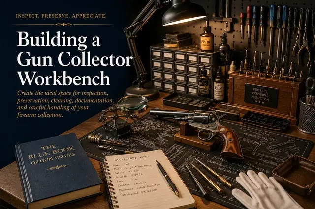 Gun collector workbench with tools and supplies