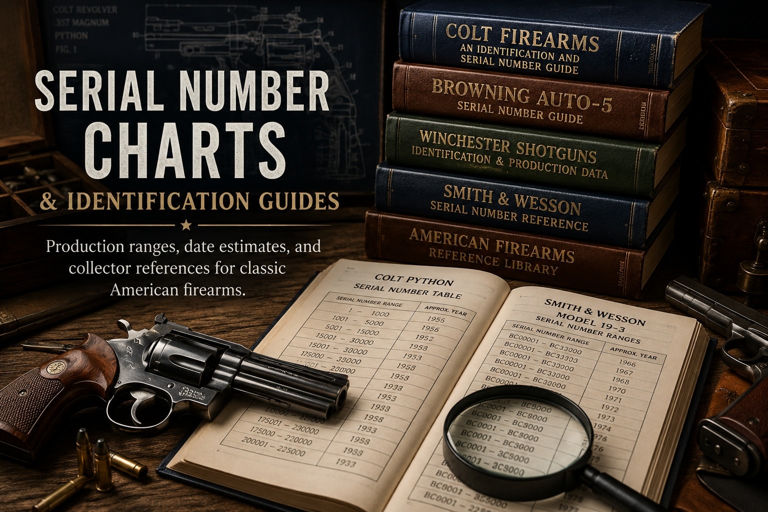 Collector firearm reference books and classic firearms used for serial number research