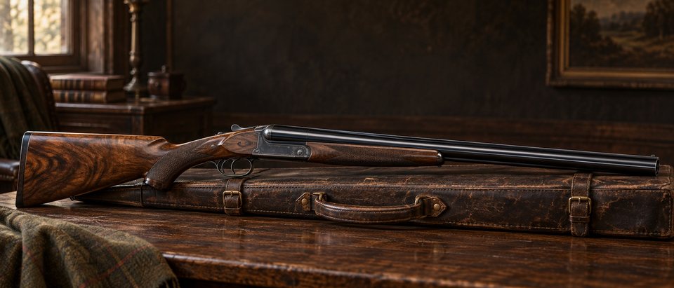 Side-by-side shotgun with figured walnut stock resting on a leather gun case