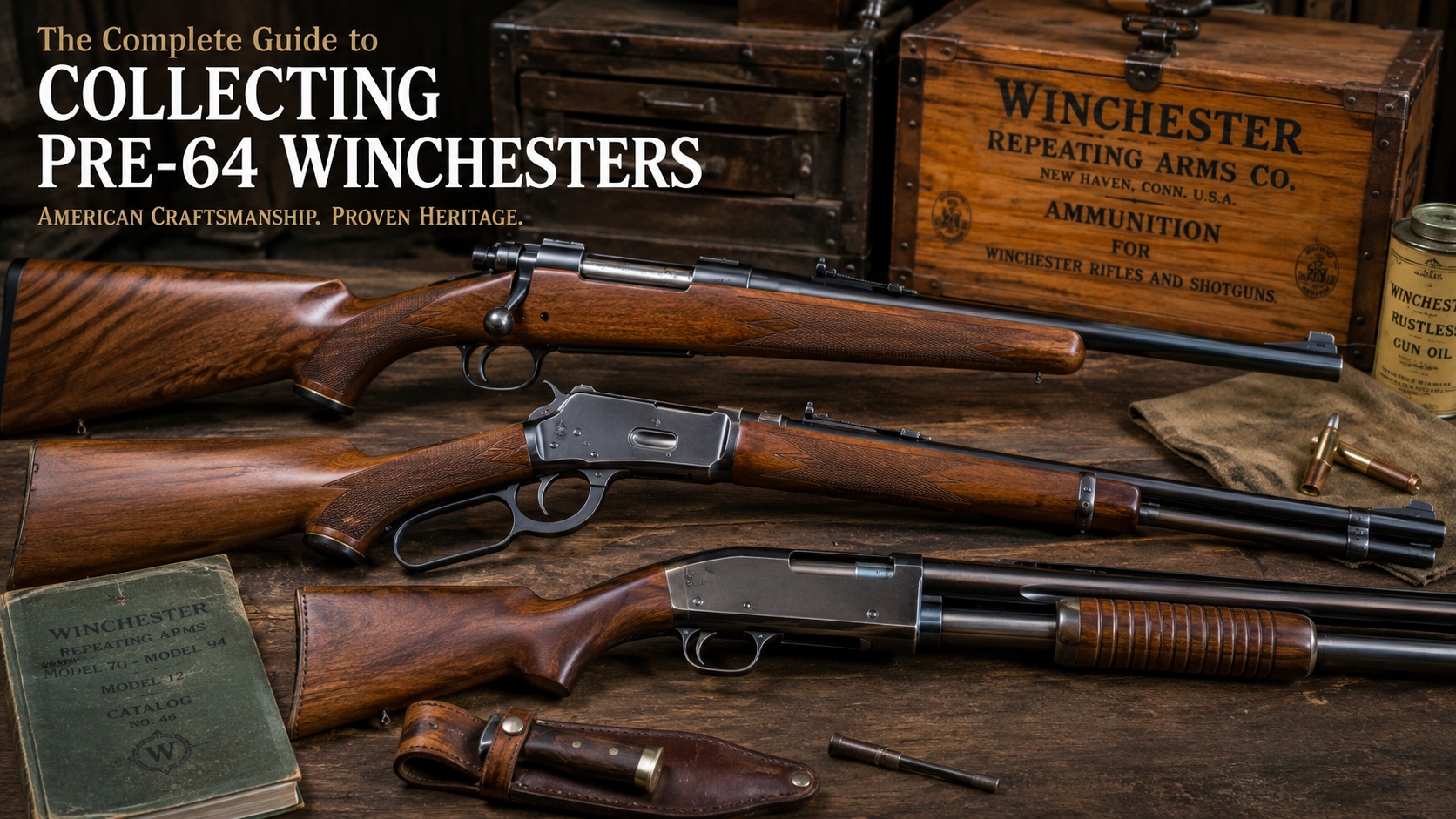 Pre-64 Winchester rifle group with walnut stocks, blued steel, and period accessories