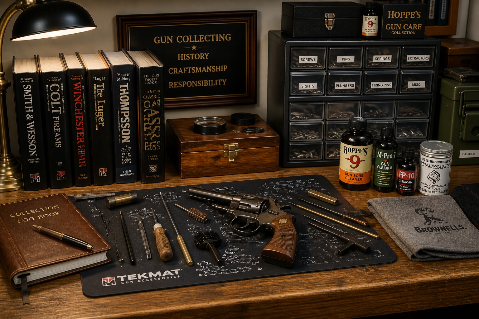 Gun collector workbench with books, tools, cleaning supplies, and storage gear